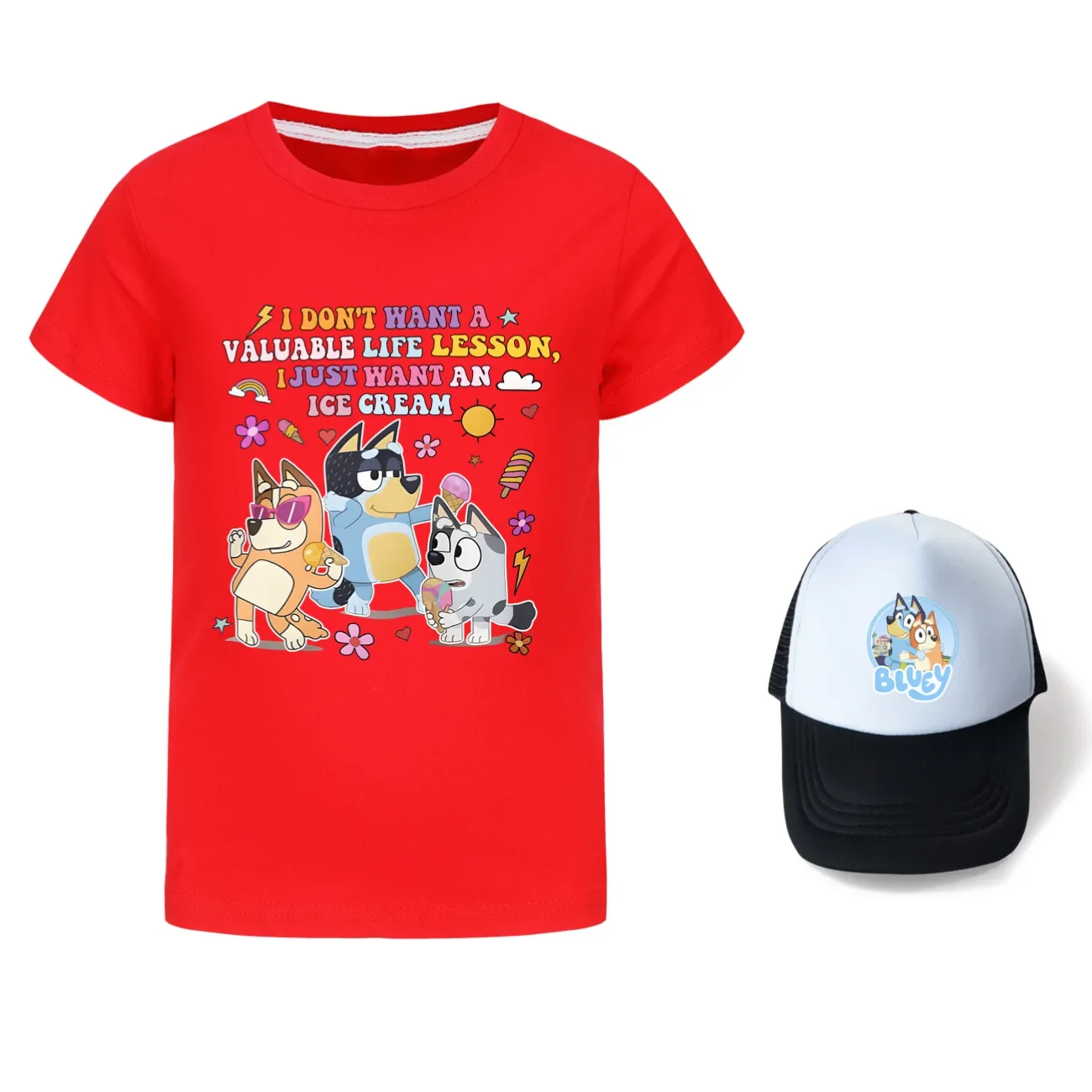 New DOGCartonn T Shirt Children Kawaii Cartoon 3D T-shirt For Boys Girls Kids Clothing Unisex Short Sleeves+sun hat2749