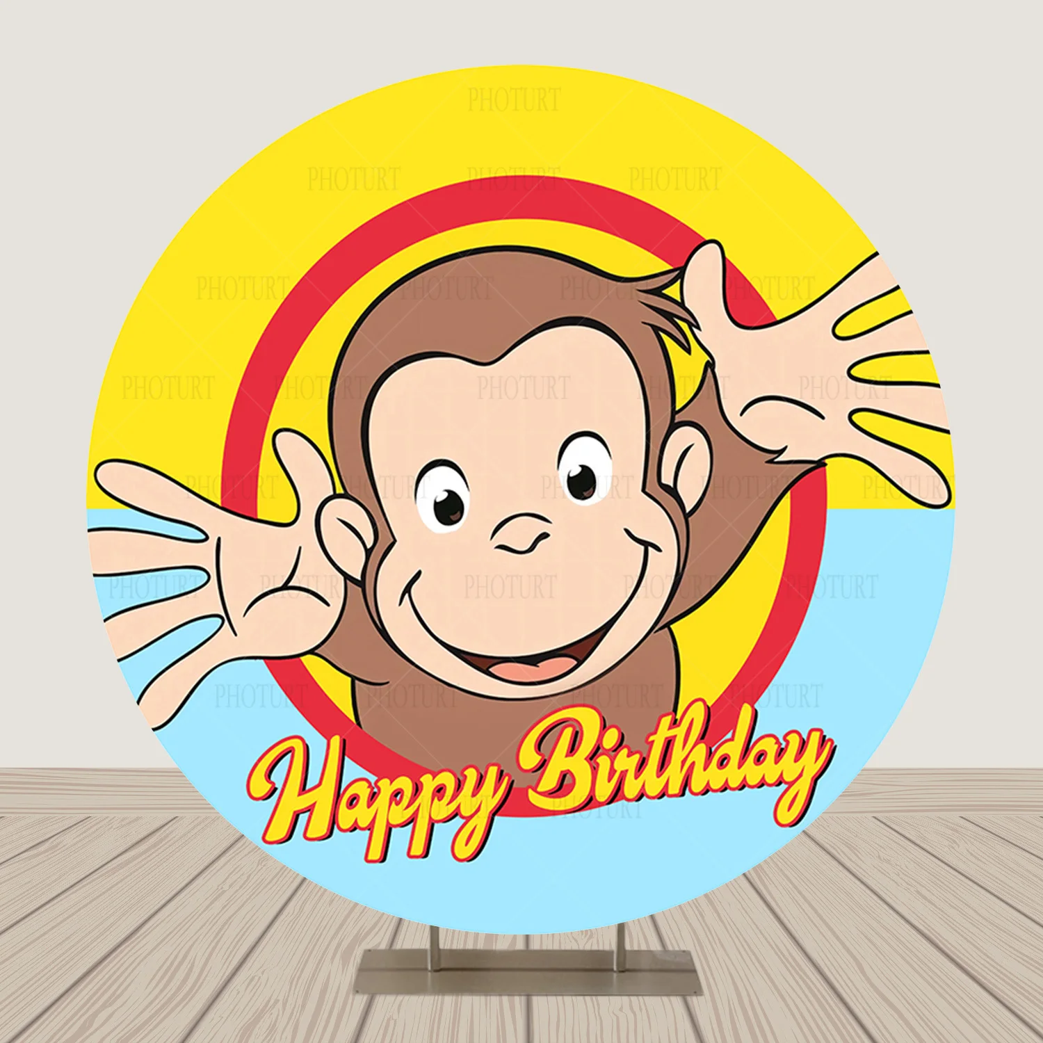 Round George Monkey Background Kids Birthday Party Backdrop Yellow Banana Cake Circle Banner Photography Studios Props