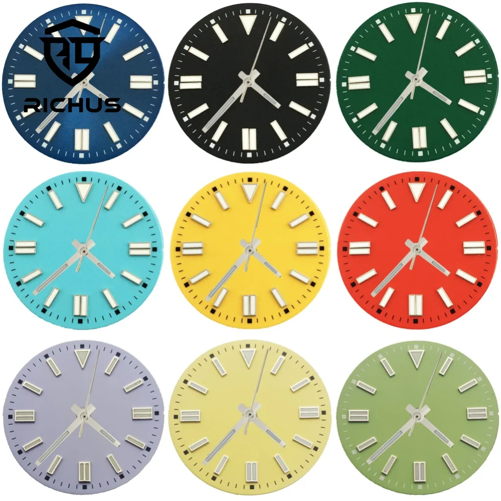 

Циферблат часов RICHUS NH35, циферблат 28,5 мм, со стрелками, синий, зеленый, светящийся, подходит для NH34 NH35 NH36 ETA2824 2836 Механизм Miyota8215-DG