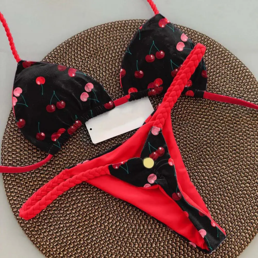 

Women Halterneck Bikini Set Stylish Lace-up Halter Bikini Set with Braided Rope Detail Breast Pads Sexy Beachwear for Women