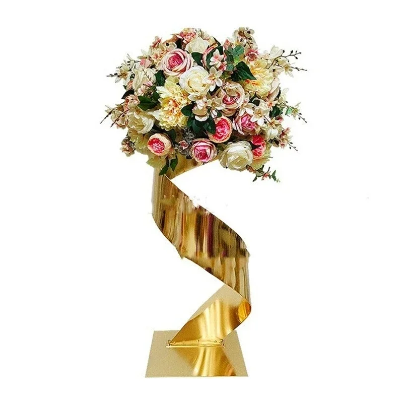 Goldener Metall-Blumenständer, Geometrische Wellenförmige Säule, Hochzeitstisch-Mittelstück, Elegante Event- und Bankett-Bühnen-Blumendekoration – Detail 8