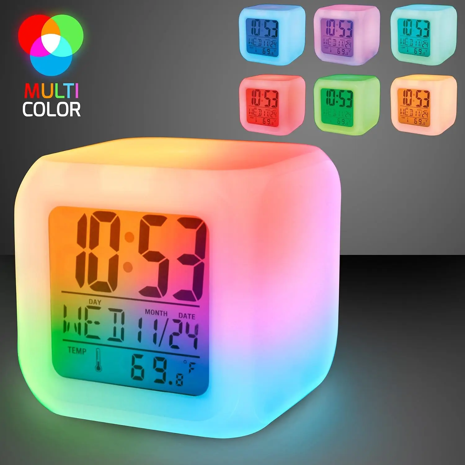 Square Alarm Clock with 7 Color Changing Night Light, Digital Kid Alarm Clocks with Snooze, Wake Up Digital Clock , Temperature
