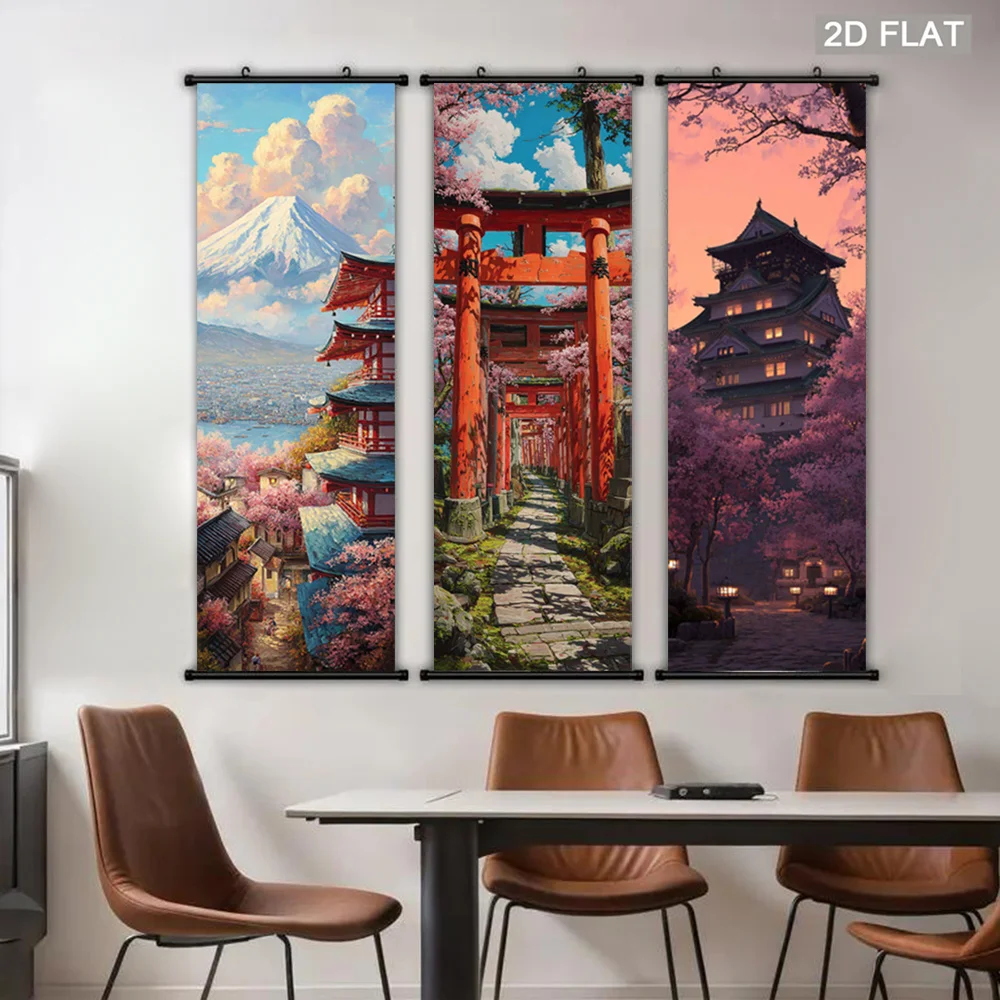 VIKAMA Japanese Torii Gate Mount Fuji Wall Art Hanging Scroll Poster Sakura Castle Canvas Painting for Living Room Bedroom Decor