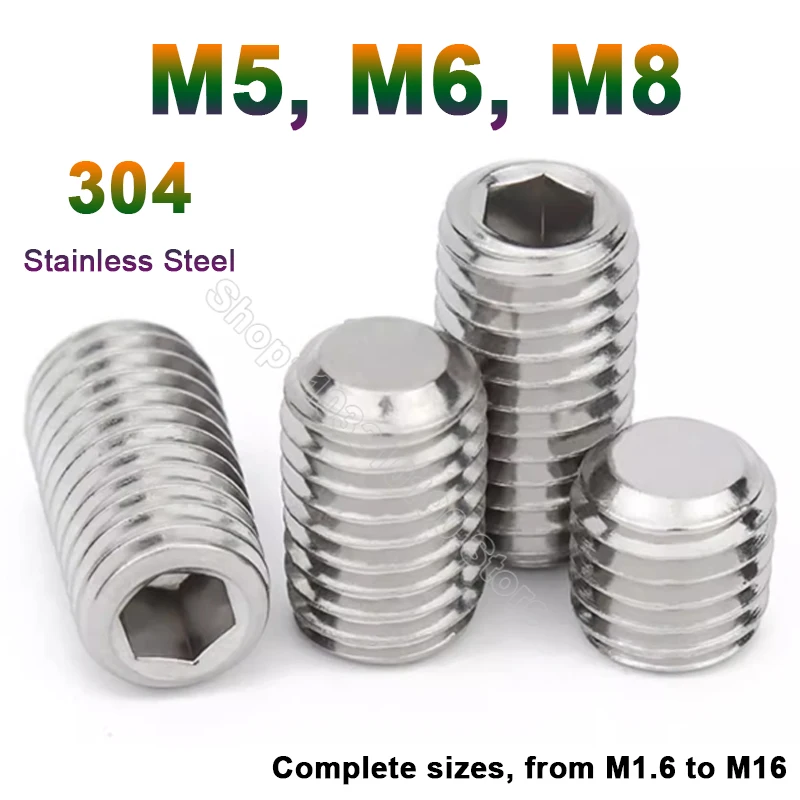 

3-30pcs M5 M6 M8 Hex Socket Set Screw Flat Point Allen Head 304 Stainless Steel Headless Hexagon Socket Grub Screw Bolt L=3-70mm