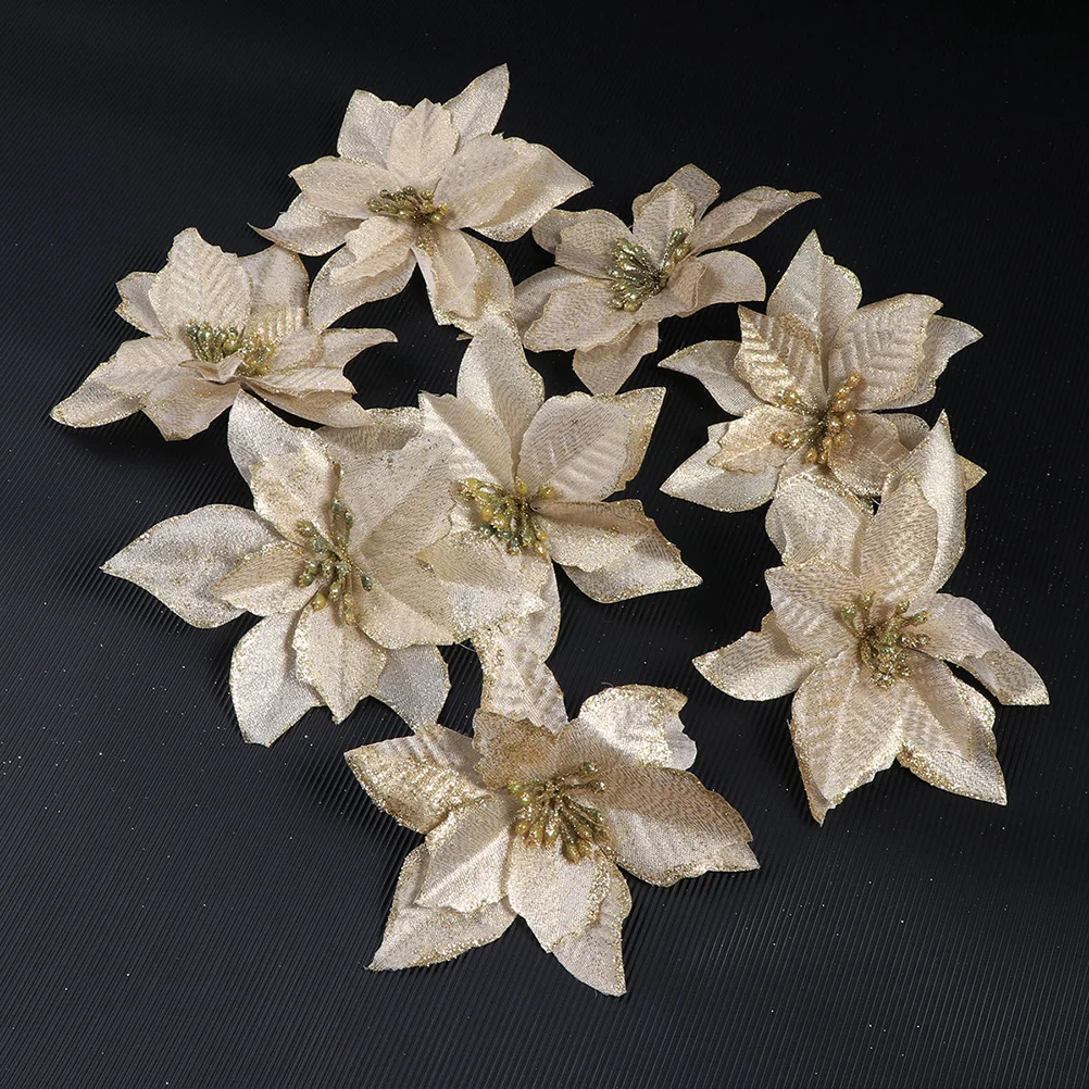 

24Pcs Golden Christmas Flower Decor Glitter Artificial Flowers for Tree Wreath Rattan Holiday Party Home Decoration Baubles