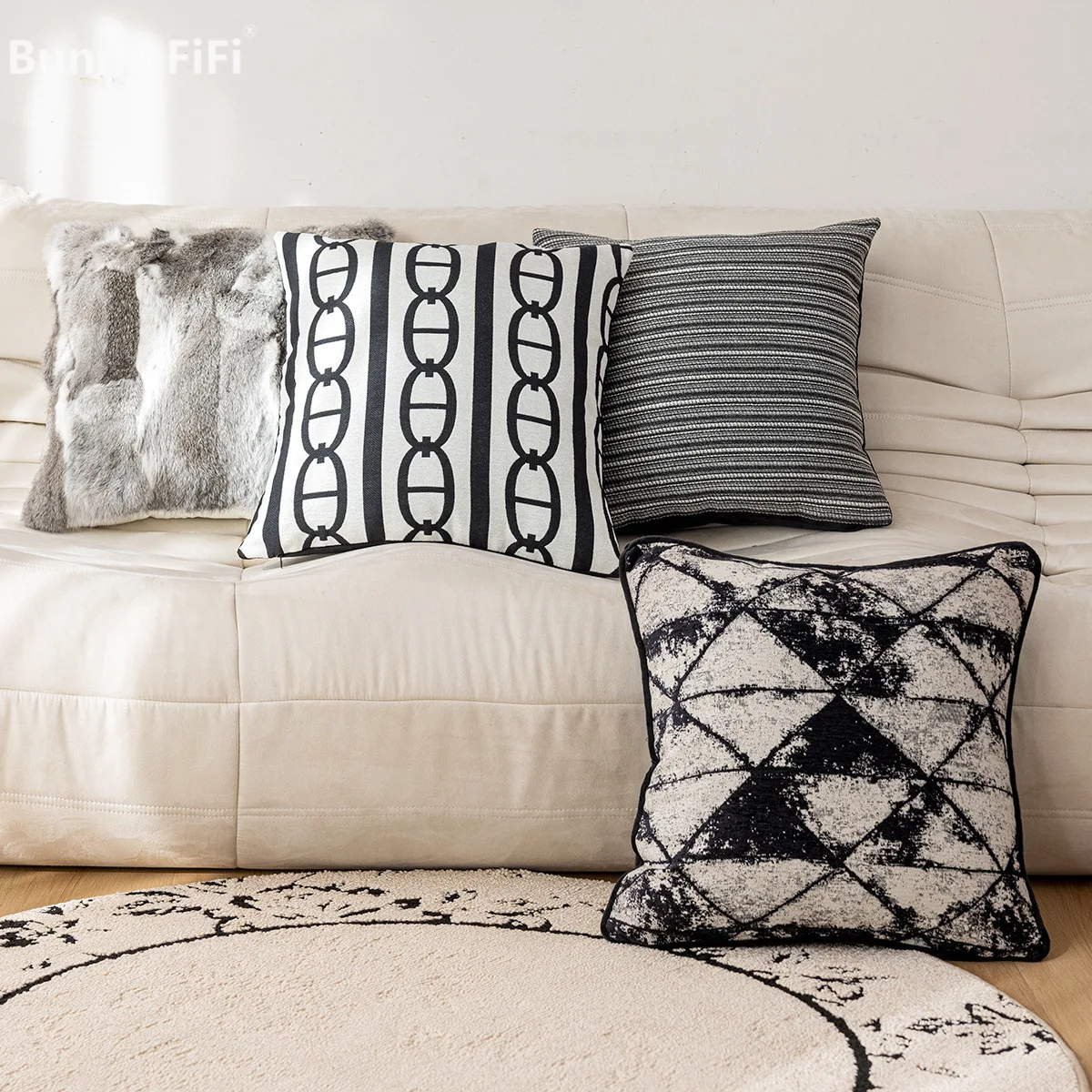 Black And White Abstract Pattern Throw Pillow Covers Luxury Jacquard Decorative Plush Cushion Cases For Sofa Bed Living Room