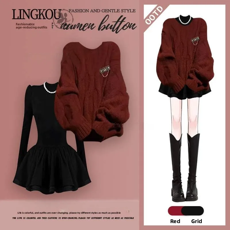 

plus Size Cisas New Year Red Sweater And Slimming Dr Two Piece Set for Women Sweet Sle Autumn Winter Faion Ensemble