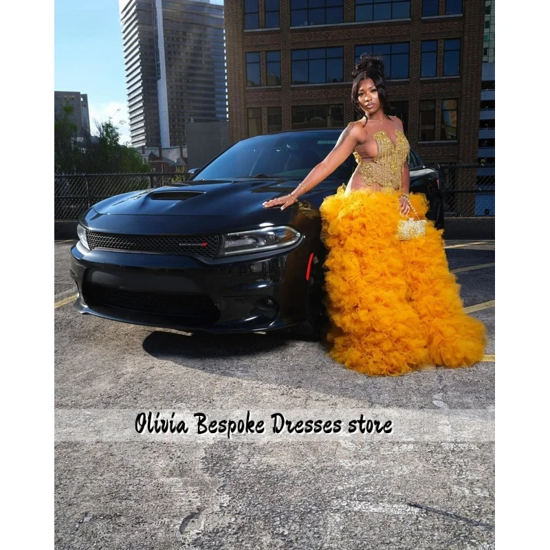 Personalizado aso ebi laranja babados vestido de baile preto meninas cristais dourados miçangas vestido de aniversário formal vestido de festa