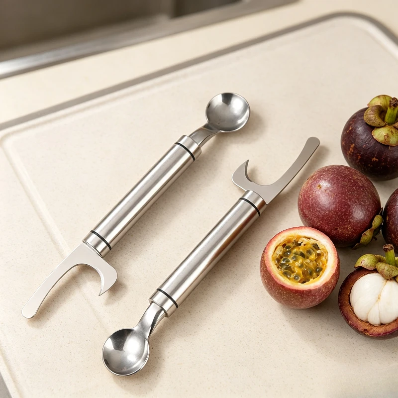 Stainless Steel Fruit Cutter Spoon Dual Head Passion Fruit Mangosteen Opener Portable Kitchen Gadget for Opening Tropical Fruits