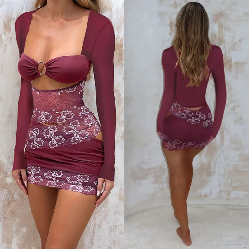 Sexy recorte painéis bodycon vestido chique flor renda sem alças de cintura alta mini saia elegante manga longa bandeau vestido de cocktail