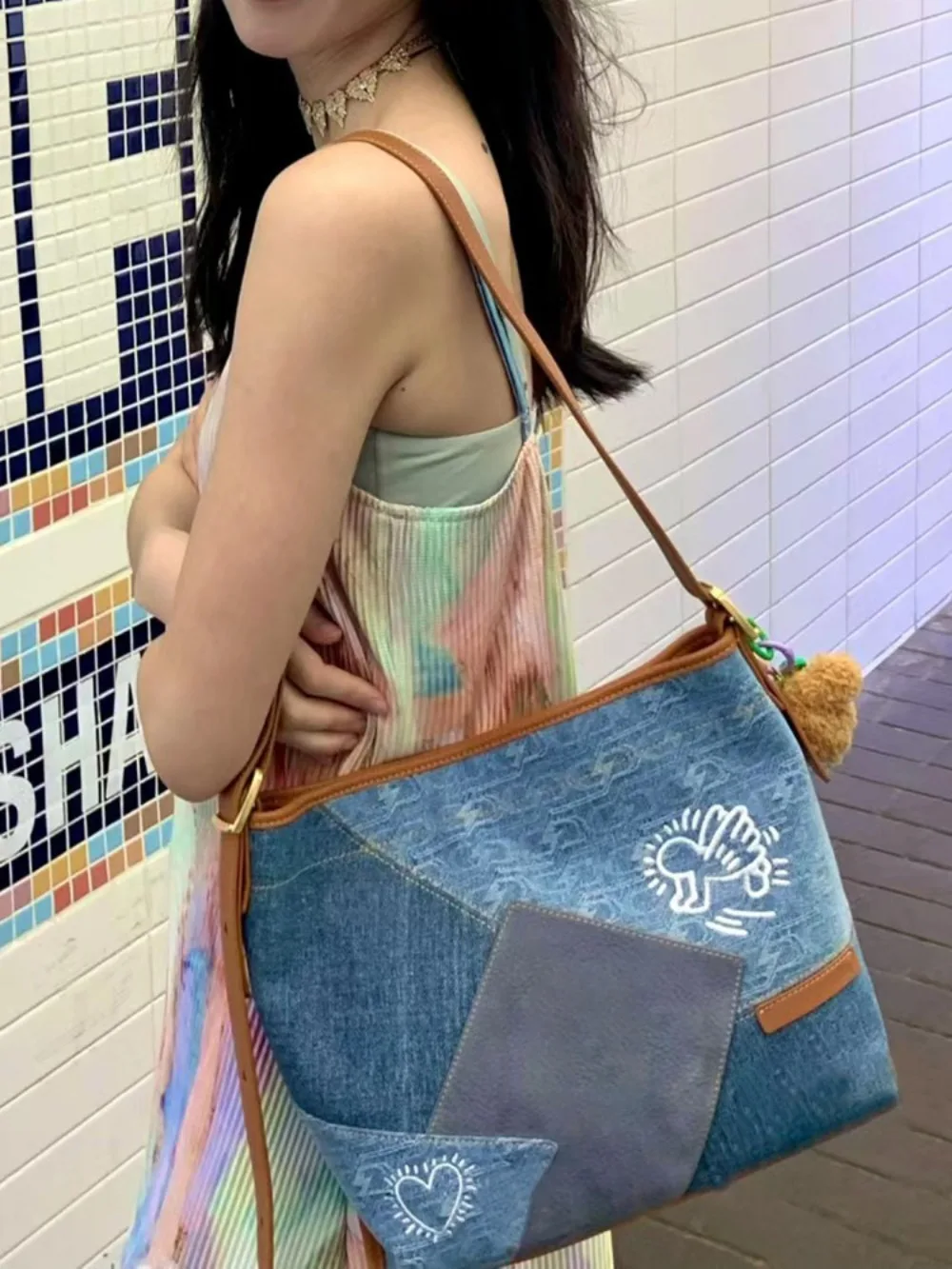 Trend Korea Minority Internet Celebrity Vintage Women Totes Patchwork Vintage All-match Denim Purses Large Capacity Shoulder Bag