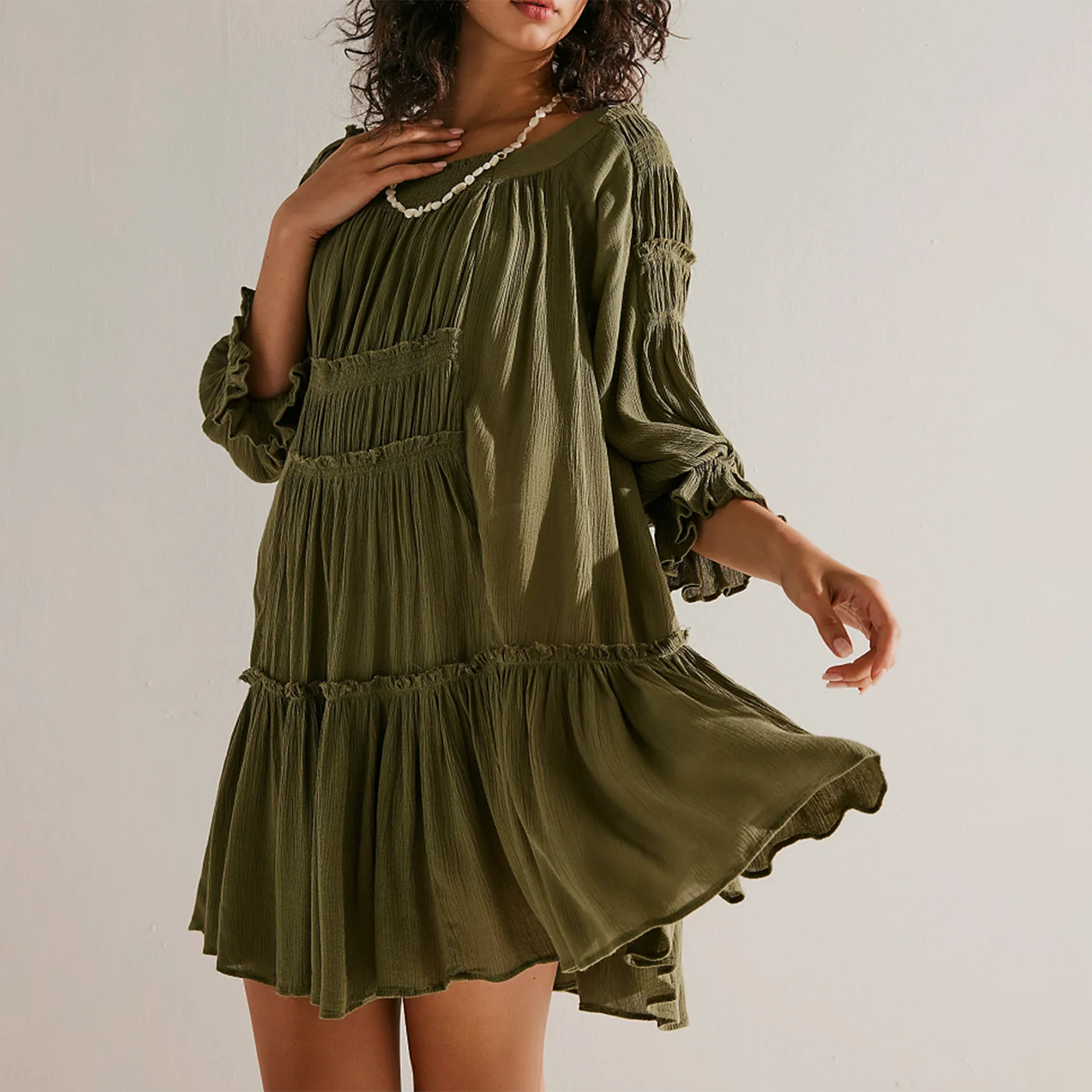 Women\'s Flowy Pleated Mini Dress Oversized Silhouette Long sleeves Ruffles Dress with Elastic at the Wrists Solid Party Dresses