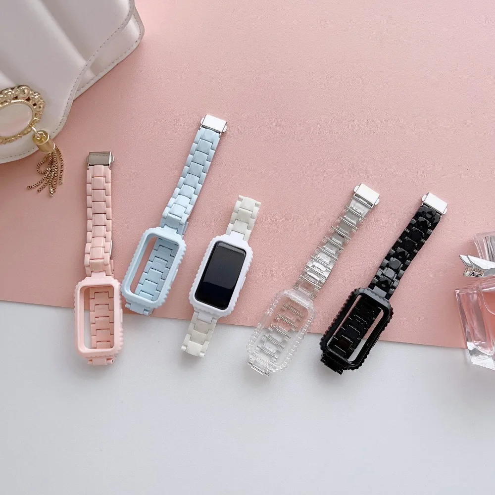 PC+Metal Watchband Imitation Ceramic Resin Anti Fall Watch Strap TPU Case Replaceable Watch Bracelet for Huawei Band 9/8/7/6