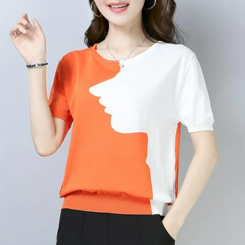 Korean Clothing Women New Summer Short Sleeve T-shirt Contrast Color Fashion Female Basic Chic All-match Casual Knitted Top 2023