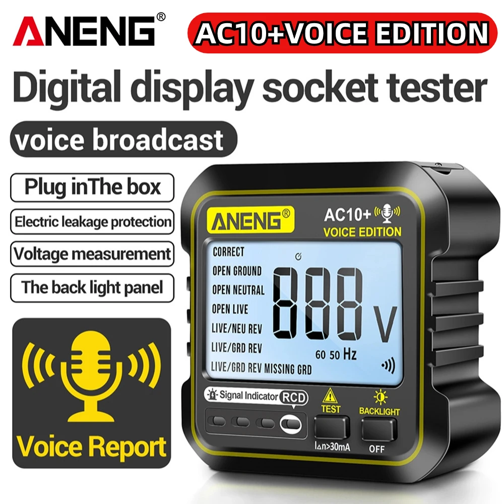 ANENG AC10+ Socket Tester Plug Detector Zero Fire Line Polarity Phase Check Phase Detector US/EU Plug Multimeter Digital Tester