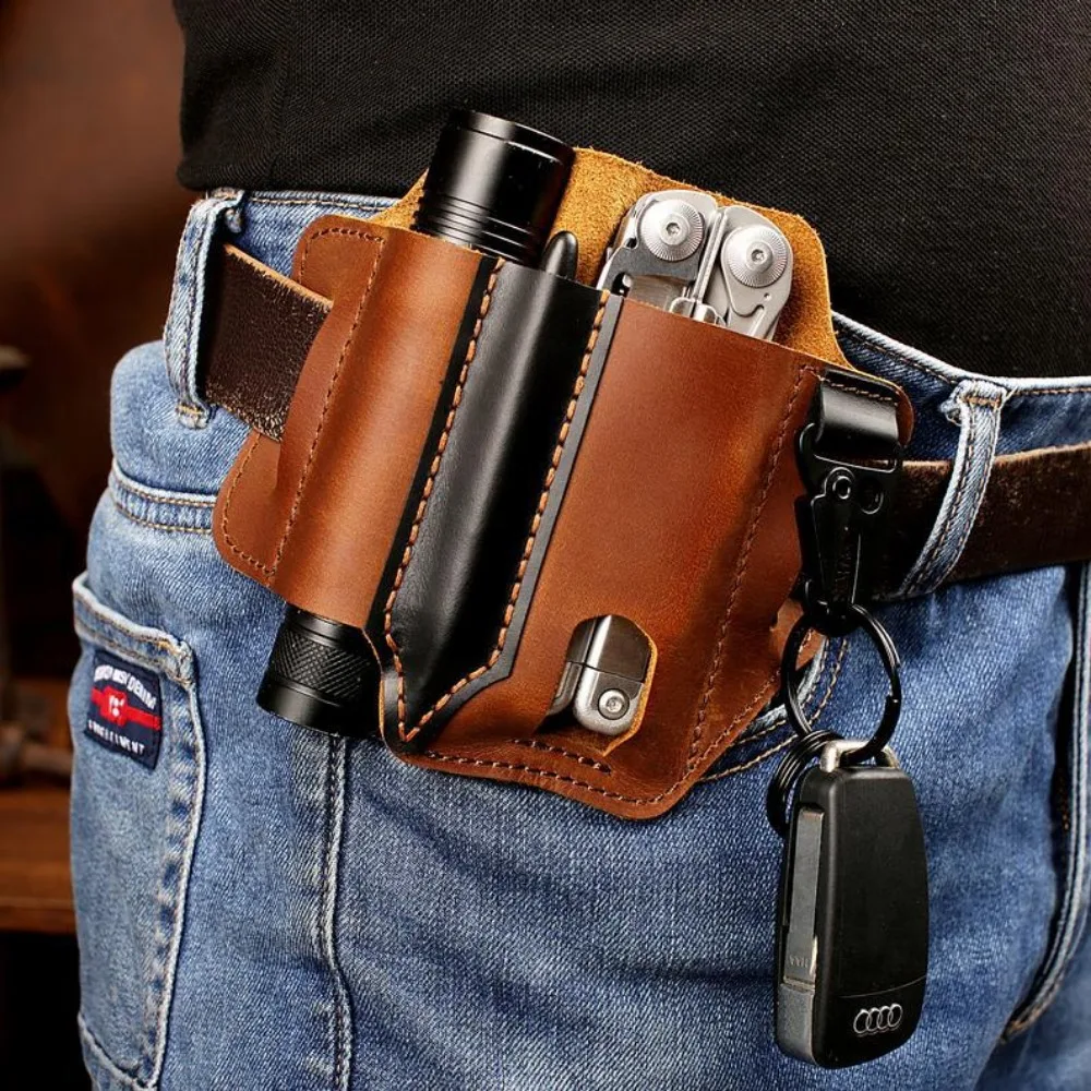 Multifunction Waist Holster Belt Loop Organizer Pouch Storage Pocket Bag Flashlight Tactical Pen Outdoor Tool PU Leather Case