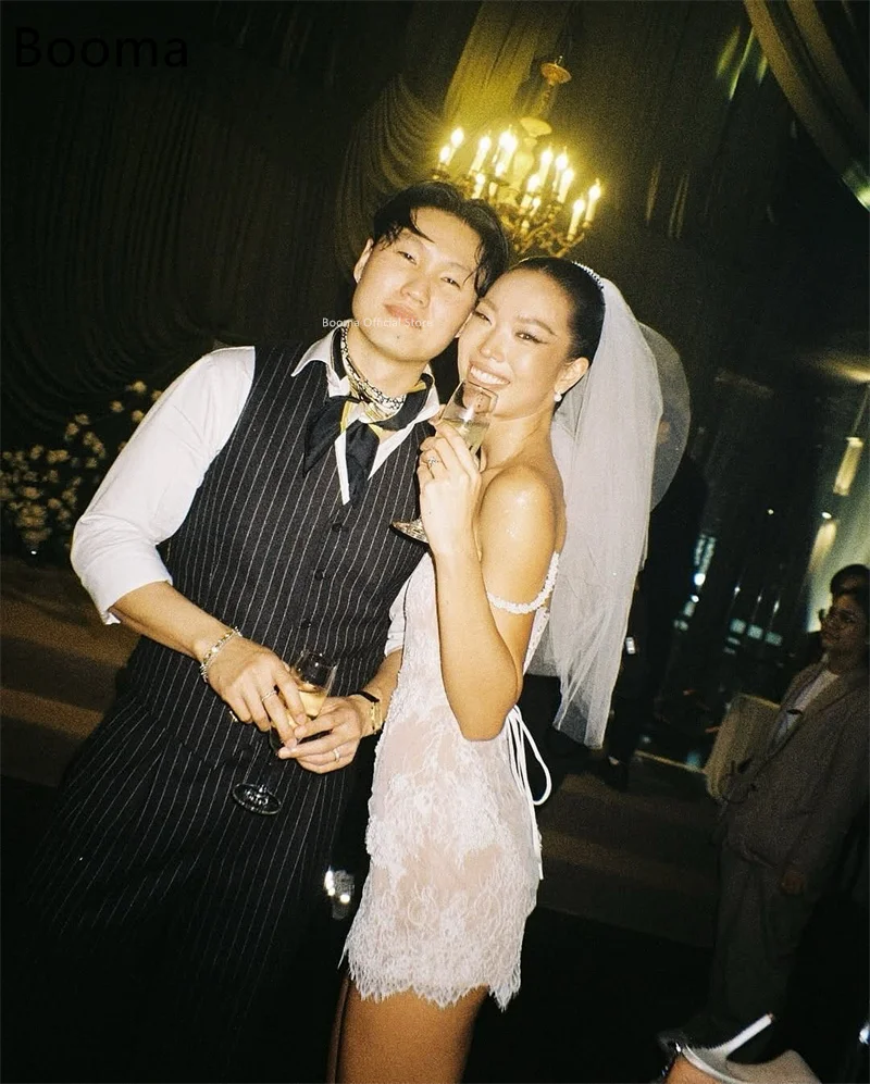 Booma حورية البحر أنيقة الدانتيل السباغيتي حزام فساتين زفاف قصيرة قصيرة الدانتيل يزين بلا أكمام فستان العرائس مخصص 2025