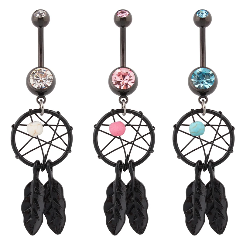 Beautiful black Dream catcher Navel ring fashion body piercing jewelry belly bar 14G 316L surgical steel bar Nickel-free