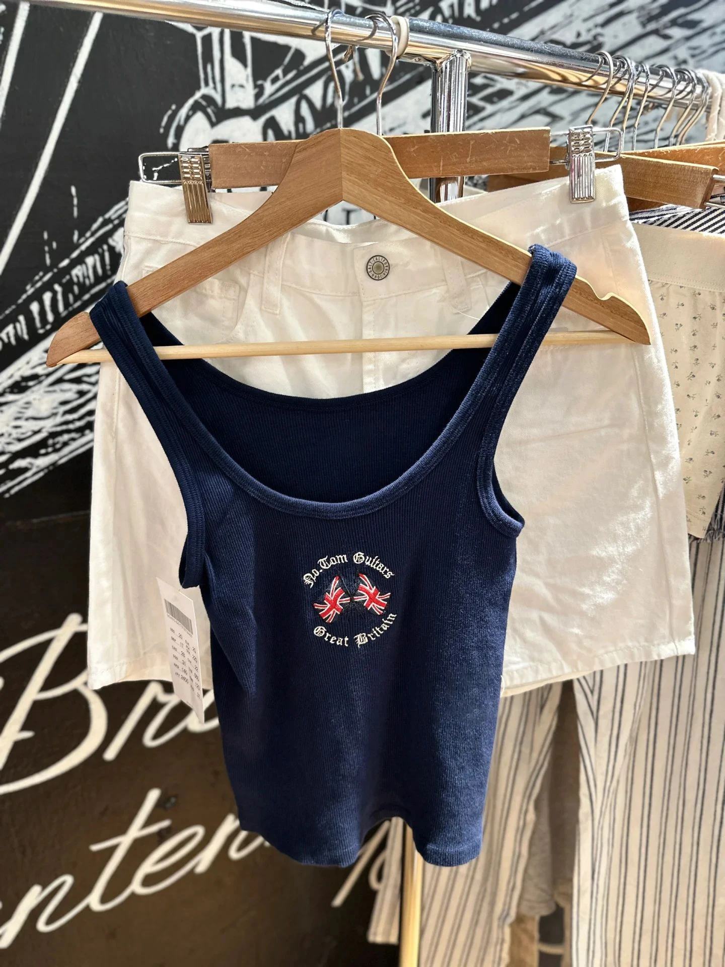 Letter Flag Embroidery Slim Tank Top Woman Summer Sleeveless U Collar Cotton Ribbed Camis Casual American Vintage Navy Crop Tops