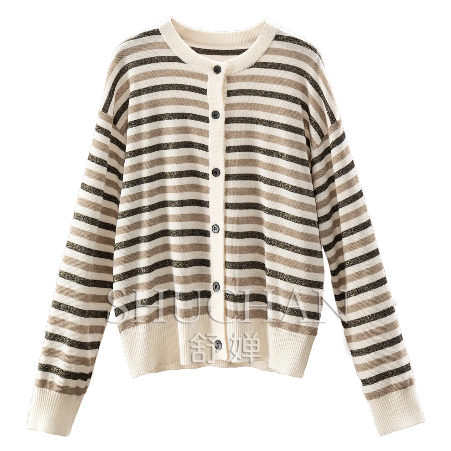 Retro Lazy, Fine Flash Contrasting Stripes with Wool Crew Neck Long-sleeved Knitted Cardigan Women's 92W5