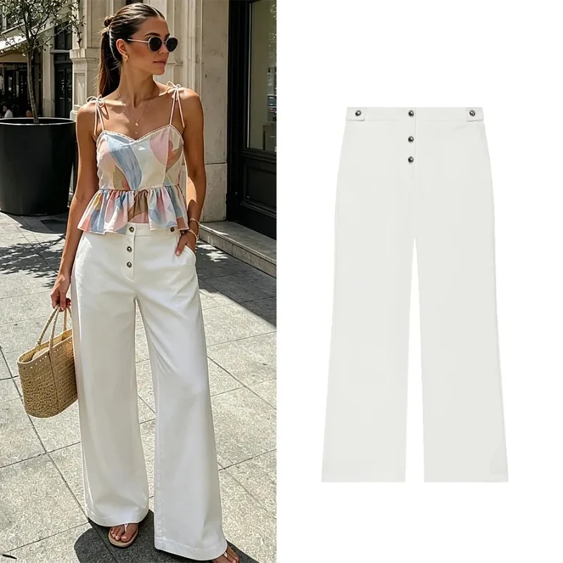 SMVP Women Solid Color Metal Button Straight Casual Pants Women Fashion Fall Outfits For Women Elegant Pants