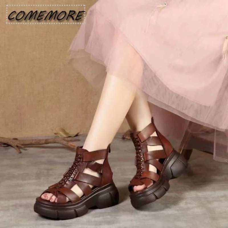 Roman-style Comfortable Wedges Heels for Women\'s with Fish Mouth Layer of PU Leather Retro Chunky Rocking Sandals Fashion Shoes