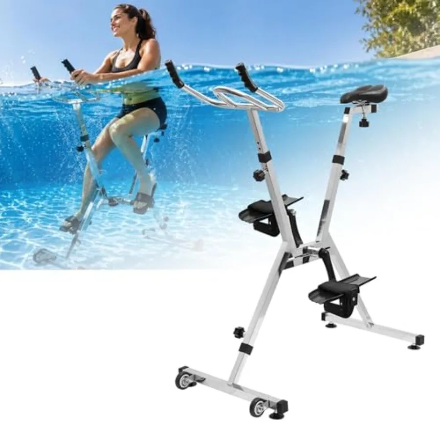 

Aquatic fitness bike for swimming pools, stainless steel frame, blue finish, adjustable resistance and seat, 328 lbs capacity,