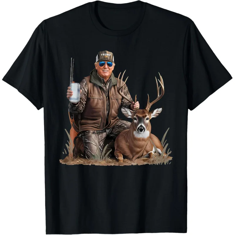 Men's and Women's Sports and Leisure Fashionable Black Top Gift Hunting Deer Donald Trump Old School Camouflage T-shirt