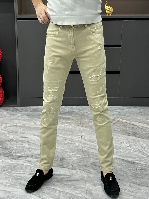 

Spring New Sle Men's Jeans Personali Scratched Slim Straight Leg Pure Color Small Foot Pants Wear Resistant mid Waist