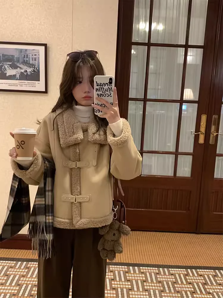 Miaolab Women's Biker Jaet Coat Warmth Inteated Leather And Fur  Hot  Milk Tea Winter New Arrival Loose Fit