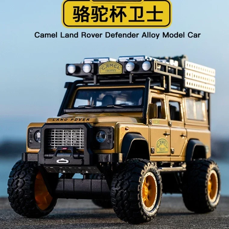 1:28 Land Rover Defender Toy Car Camel Trophy Alloy Diecast Pull Back Model Sound Light Metal Vehicles Children Gifts Collection