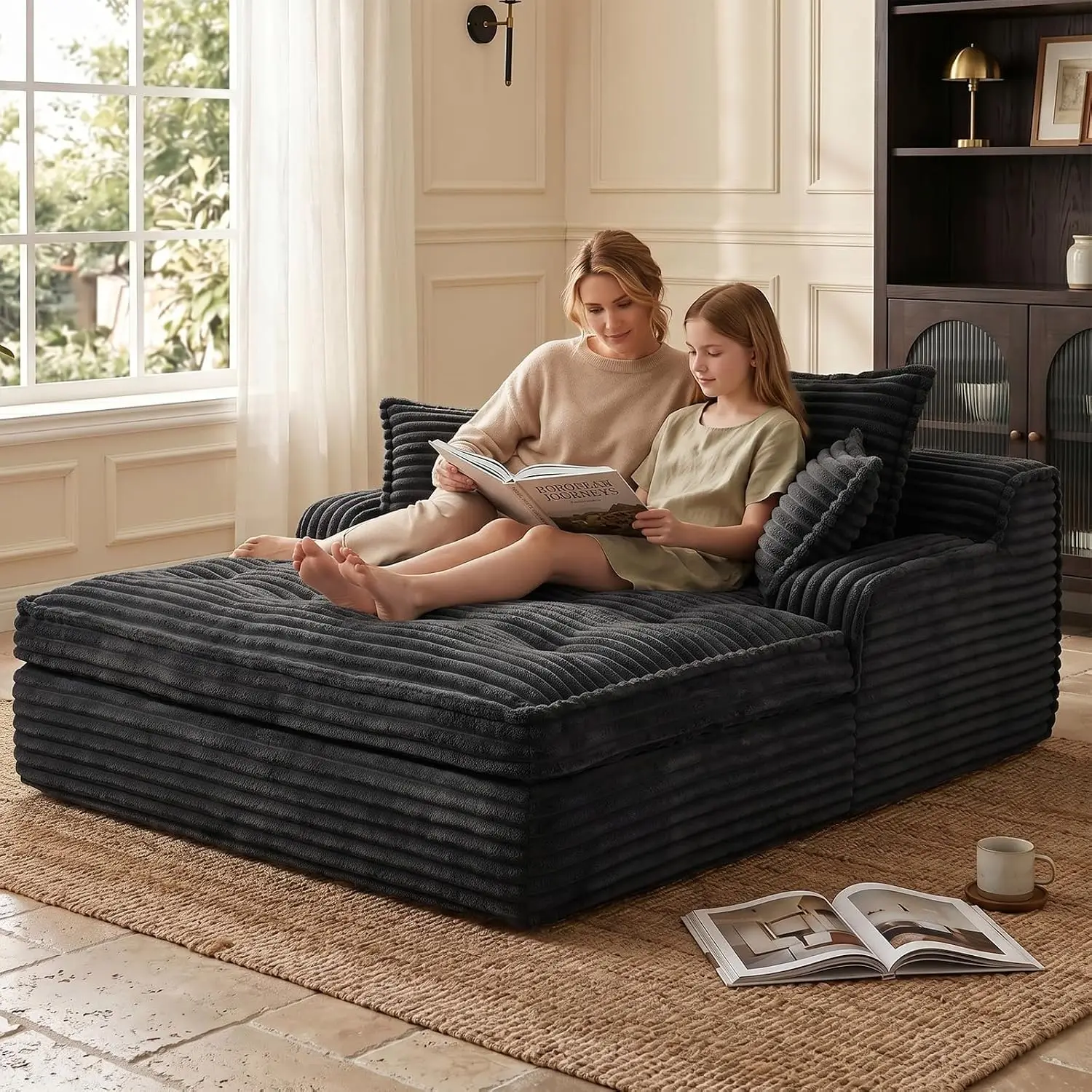 Oversized Corduroy Chaise Lounge Sofa Bed with 3 Pillows, Deep Seat Sleeper for Bedroom & Living Room, Customized