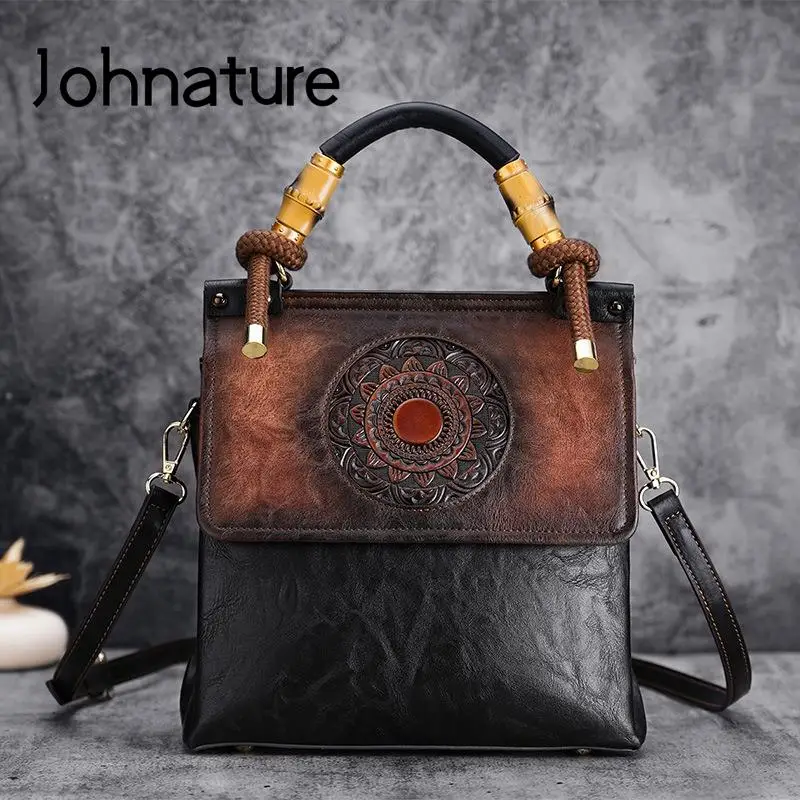 Johnature Vintage Women Bag 2024 New Classic Totem Embossing Luxury Handbag Versatile High Quality Leather Ladies Shoulder Bags