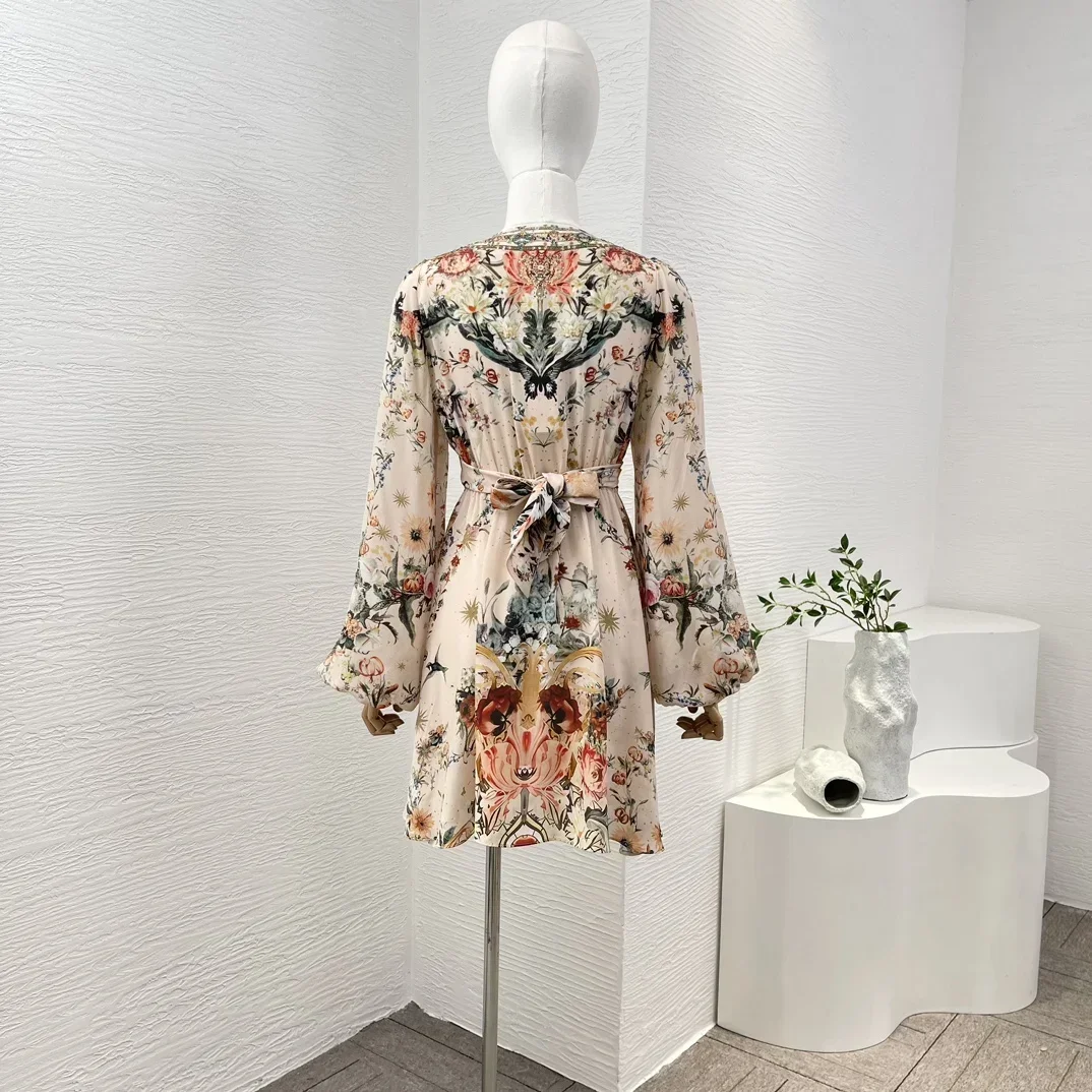 2024 New Women High Quality Silk Lantern Sleeve Floral Print Cross Tie Diamonds Lace-up Mini Dress for Holiday