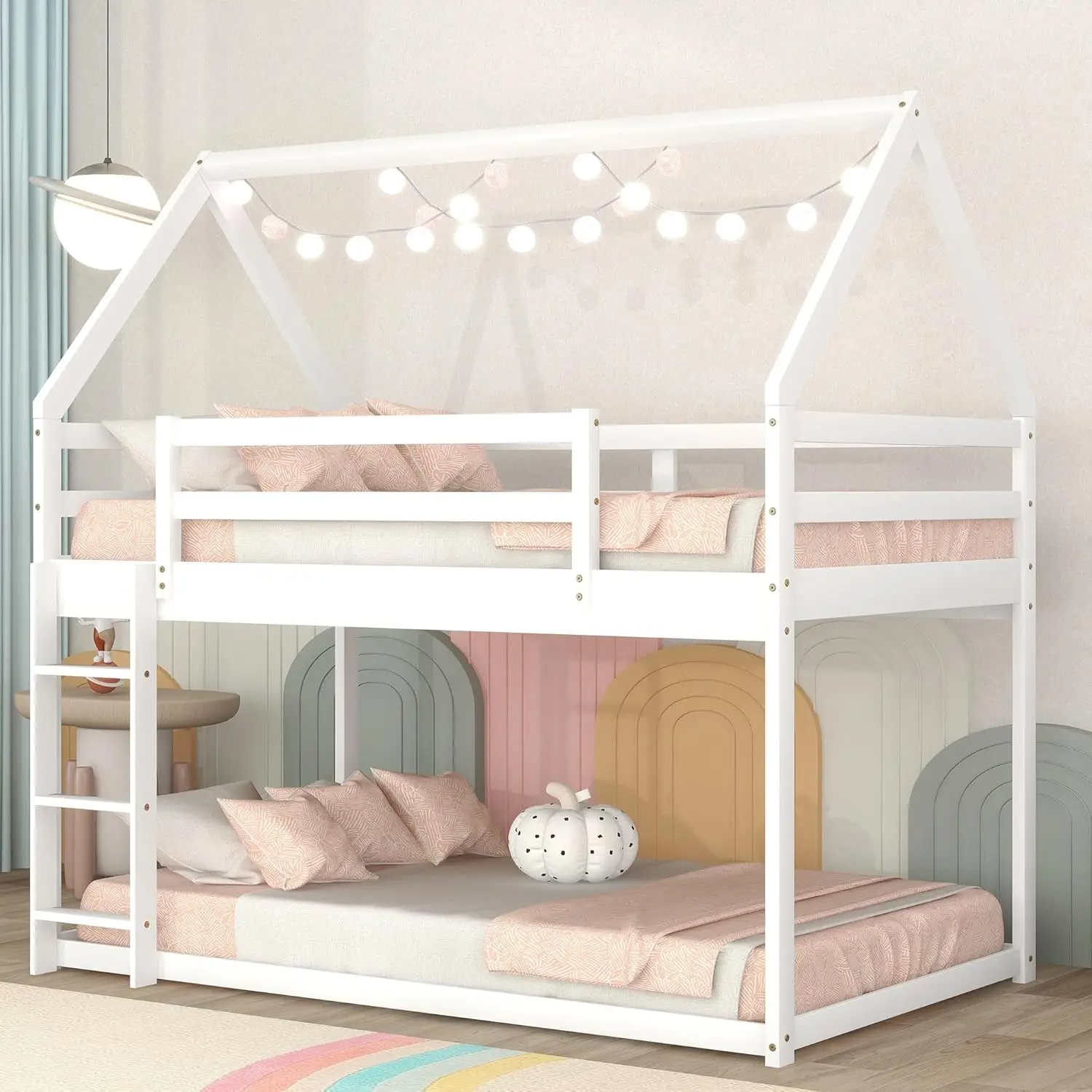 

Bellave Twin Over Twin House Двухъярусная кровать для детей, напольные низкие двухъярусные кровати с лестницей и защитными перилами, двуспальная кровать из массива дерева для