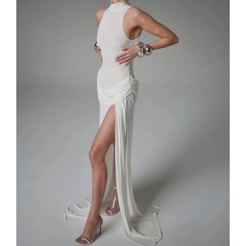 Summer Split Maxi Tank Dress Women Gown Fashion Solid Elegant High Waist Ruched Slim Evening Club Party Long Dress