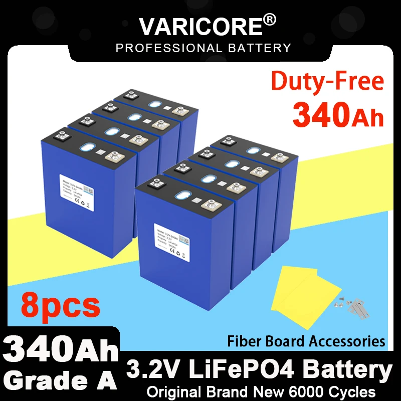 8pcs 3.2V 340Ah Lifepo4 Rechargeable Battery Lithium Iron Phosphate for 4s 12v 24v Travel Solar Campers Golf Cart Yacht Grade A