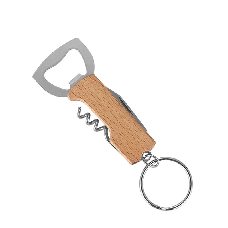 1 parça çok fonksiyonlu taşınabilir bira şişesi açacağı anahtarlık Metal kayın bira açacağı anahtarlık ahşap şarap tirbuşon açacağı