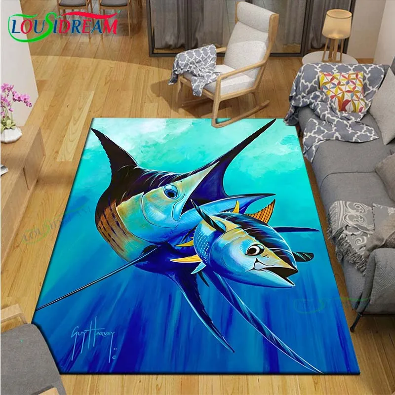 Marine Fish, Sea Turtles, Jellyfish Printed Carpet Outdoor Area Rug Non -slip Carpet Bedroom Decor Carpet for Living Room Gift