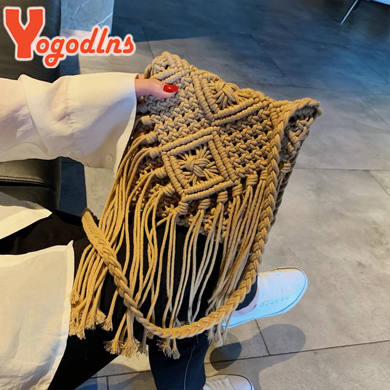 Yogodlns Bohemian Tassel Straw Bag Women Fashion Weave Handmade Crossbod Bag Summer Kintted Beach Handbag Vacation Lady Pouch