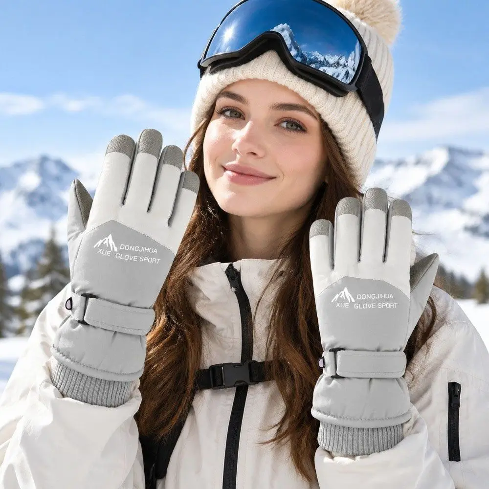 Fleece Lined Winter Skiing Gloves Touchscreen Anti-slip Plush Warm Riding Gloves Waterproof Anti Loss Buckle
