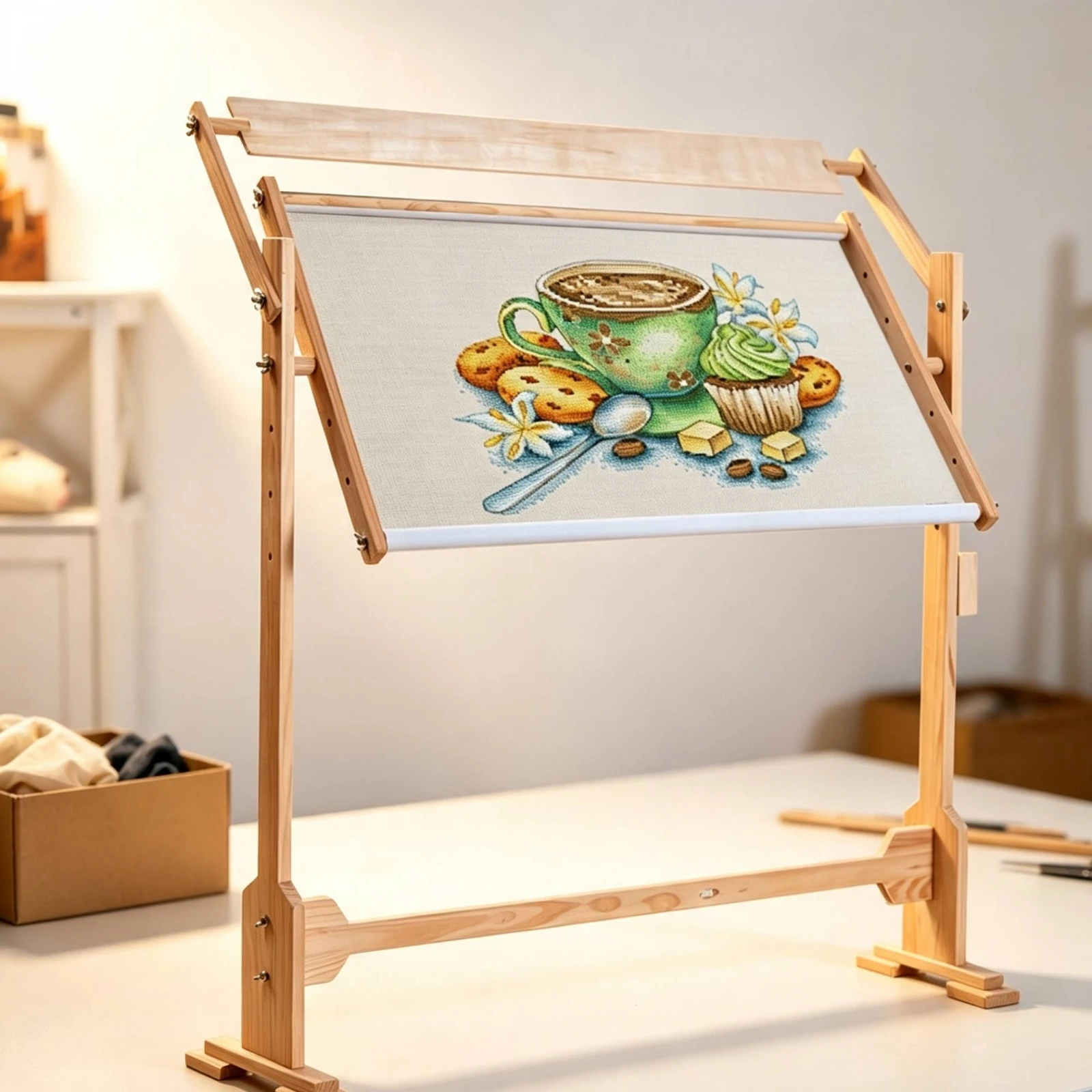 スタンド付きのクロスステッチフレーム。高さ調節可能な床置き型 - Embroidery Paper のレビューと価格