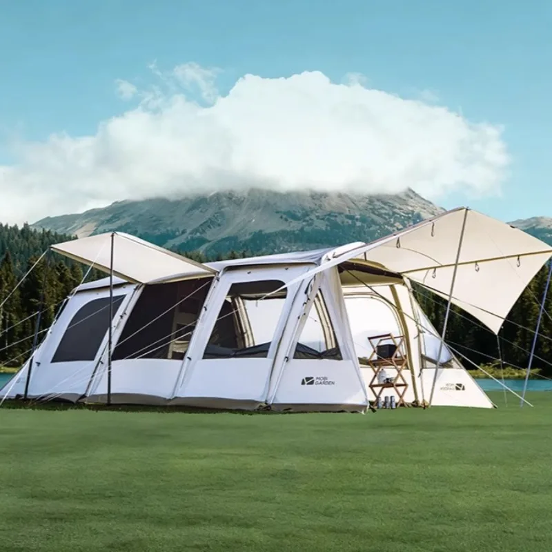 Tiendas de túnel espaciales gruesas, portátiles, plegables, dos dormitorios, una sala de estar, suministros de acampada multifuncionales al aire libre