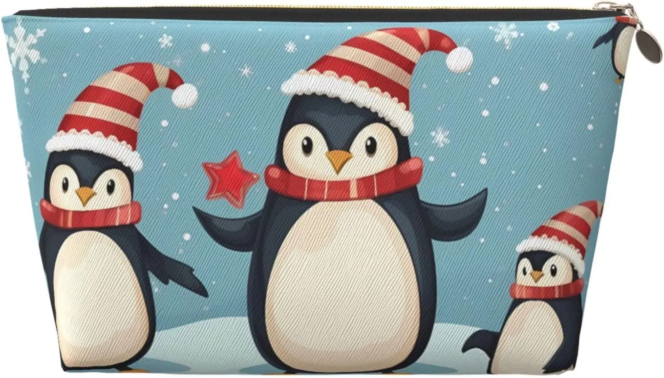 Christmas Penguins printed Leather Travel Toiletry Bag