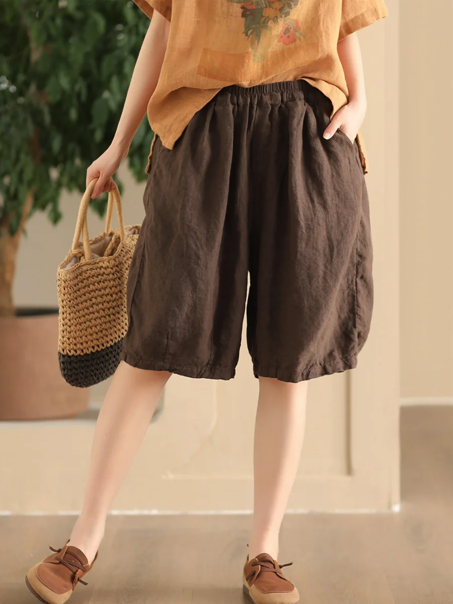 

Льняные брюки ручной работы с широкими штанинами, высокой талией, для защиты от дождя, летние повседневные шорты-бермуды