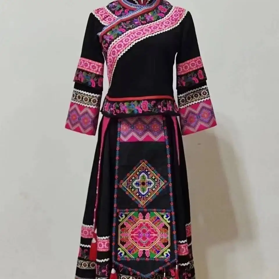 Lunastar Hmong Costume Women's Miao Clothing Skirt Handmade Ethnic Style Embroidery Flower Garment black top and dress