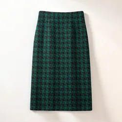 Green Houndstooth Plaid Vintage High Waist Knit Woolen Women's Skirt Knee-Length Long Skirts For Women Clothing Fashion 2024