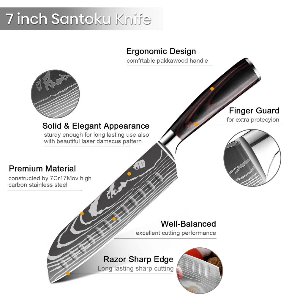 MDHAND 7 Inch Santoku Knife Laser Damascus Stainless Steel Kitchen Knives Professional Chef Knife Full Tang Slicing knife