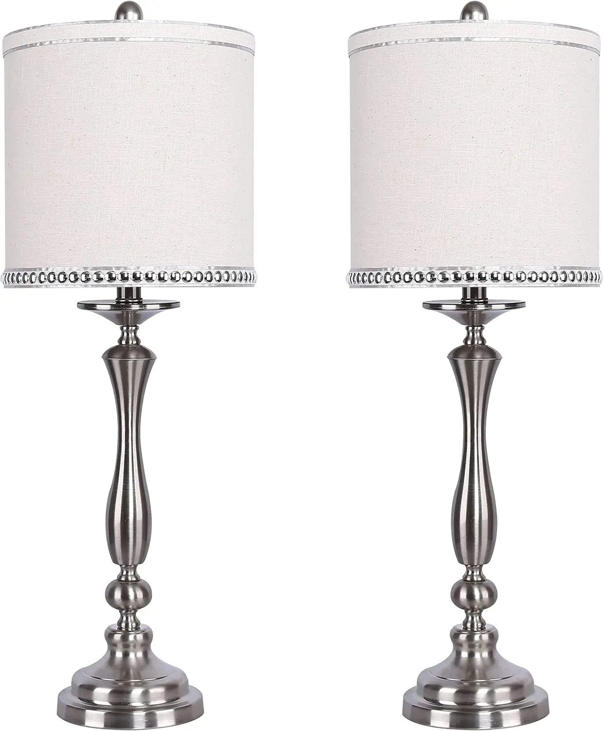 

29" Modern Brushed Nickel Metal Table Lamp Set ft. Balustrade Design and Natural Linen Shades with Silver Silk-Edged Chrome