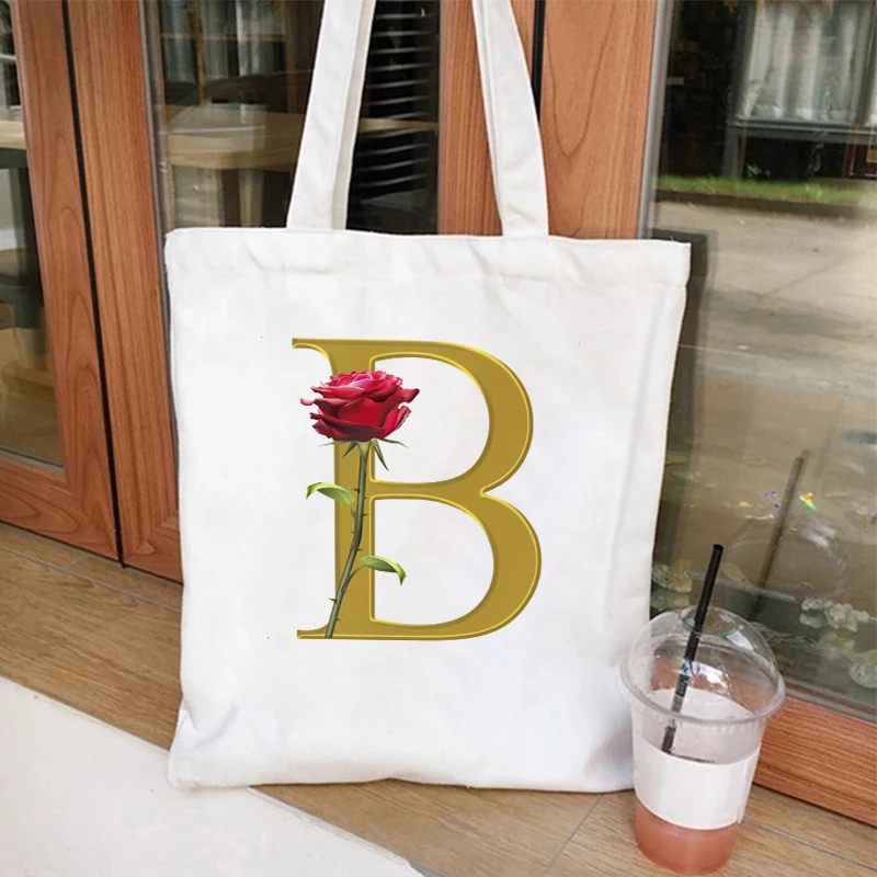 Rose Letter Print Canvas Bag Women 26. Alphabet A-Z Shoulder Bags Letter Series Tote Bag Girls Bacherlette Party Shopping Bag